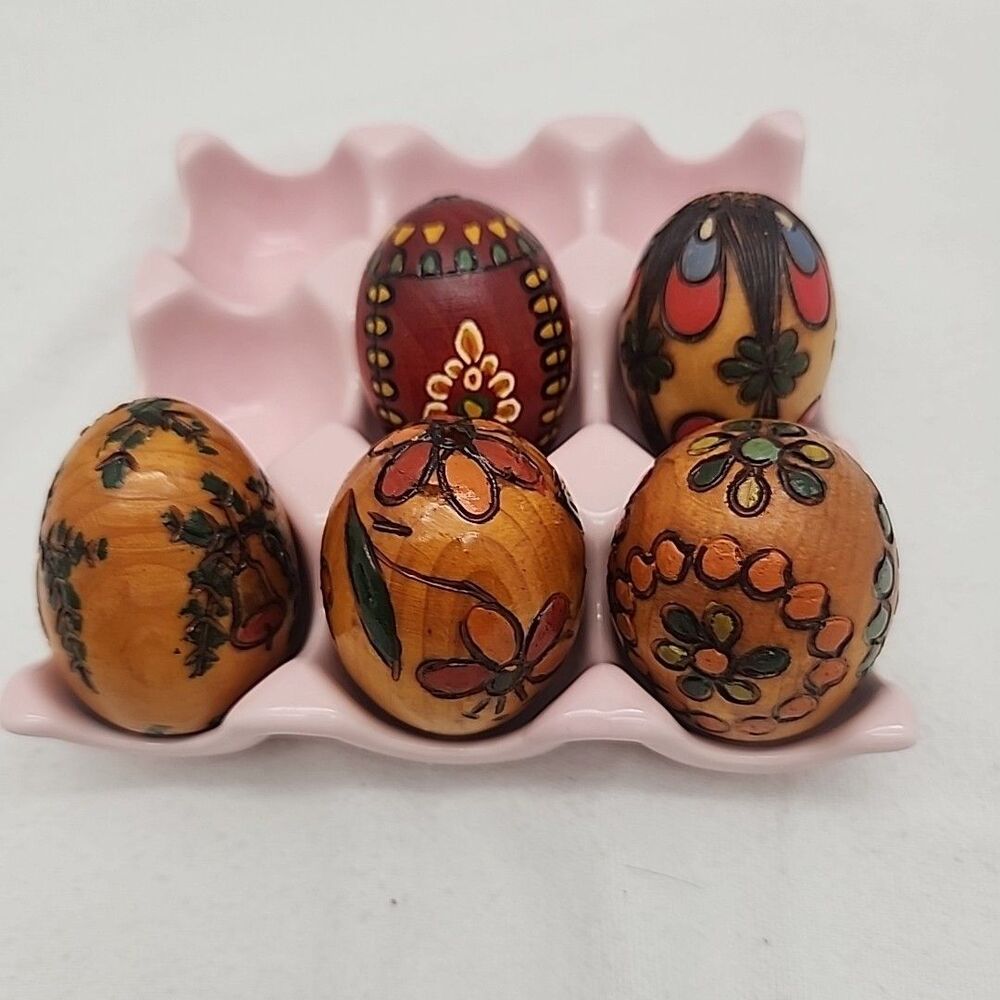 Egg Pisanki Polish Wooden Easter Set Of 5 Hand Painted & Carved 2.5” Long VTG